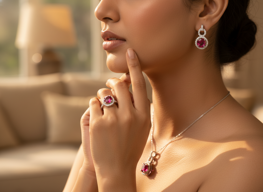 Silver Ring, Earrings & Pendant Set with Ruby | Women's Jewelry
