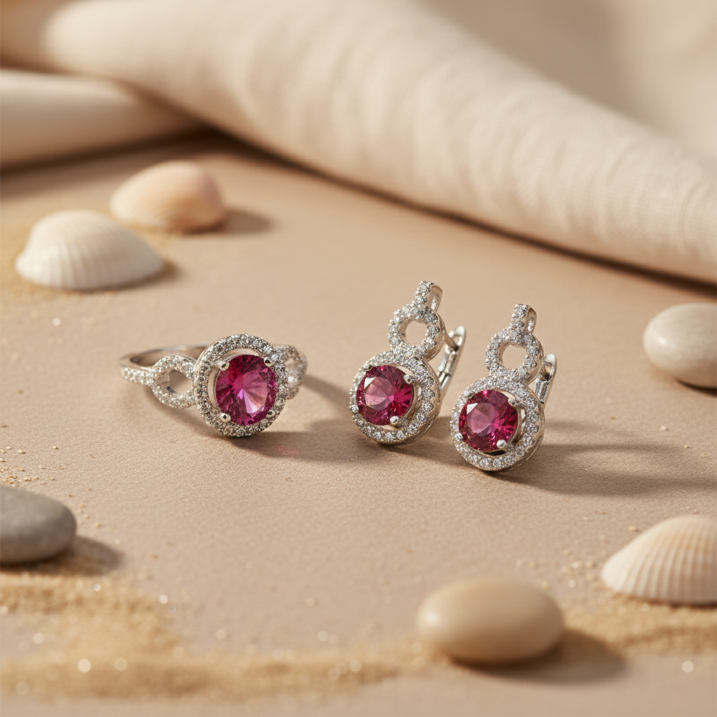 Silver Ring, Earrings & Pendant Set with Ruby | Women's Jewelry