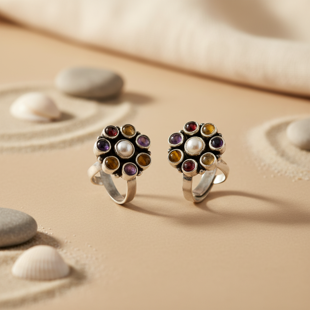 925 Silver Gemstone Toe Rings | Colorful Stone Flower Design