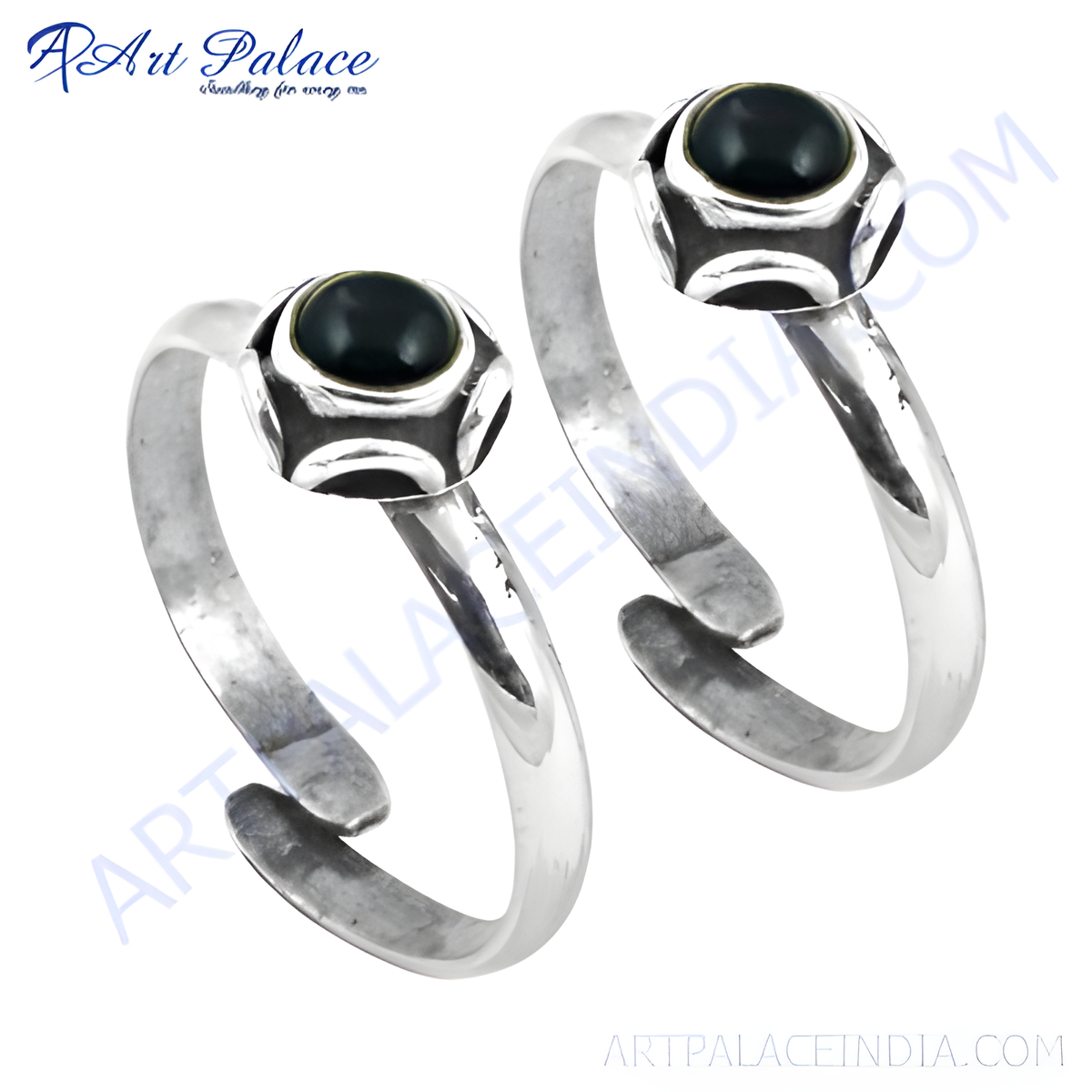 Sterling silver toe rings featuring black gemstones, perfect for women's jewelry collections