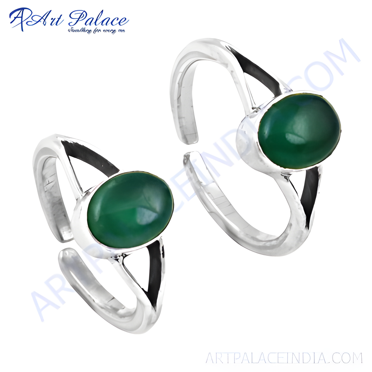 925 sterling silver toe rings with oval shaped green onyx gemstones, perfect for summer