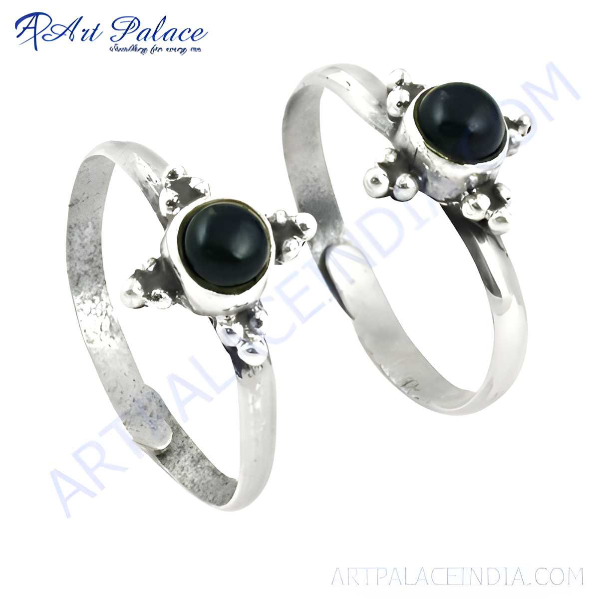 Sterling silver toe rings featuring round black onyx gemstones with decorative silver accents
