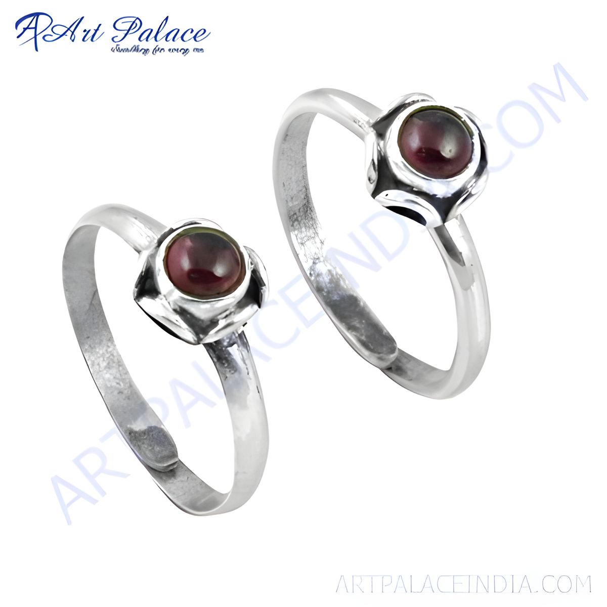 925 sterling silver toe rings with round red garnet gemstones, adjustable design
