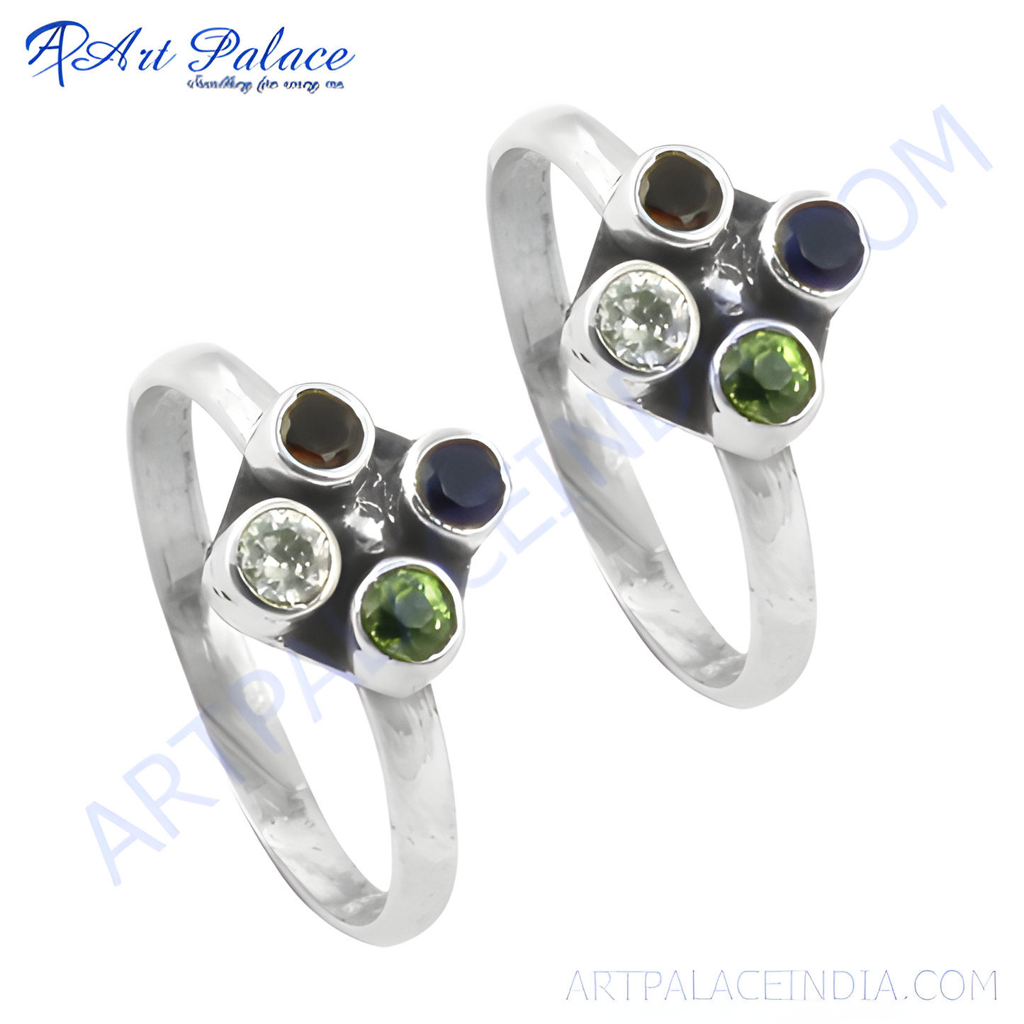 Sterling silver toe rings featuring multiple gemstones in a square design, with different colors.