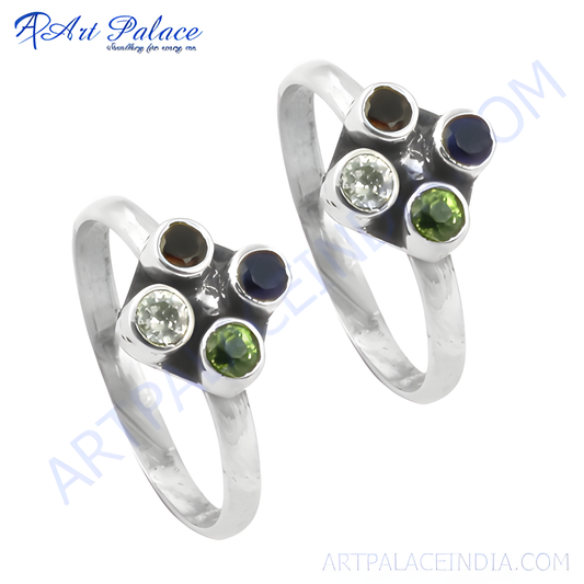 Sterling silver toe rings featuring multiple gemstones in a square design, with different colors.