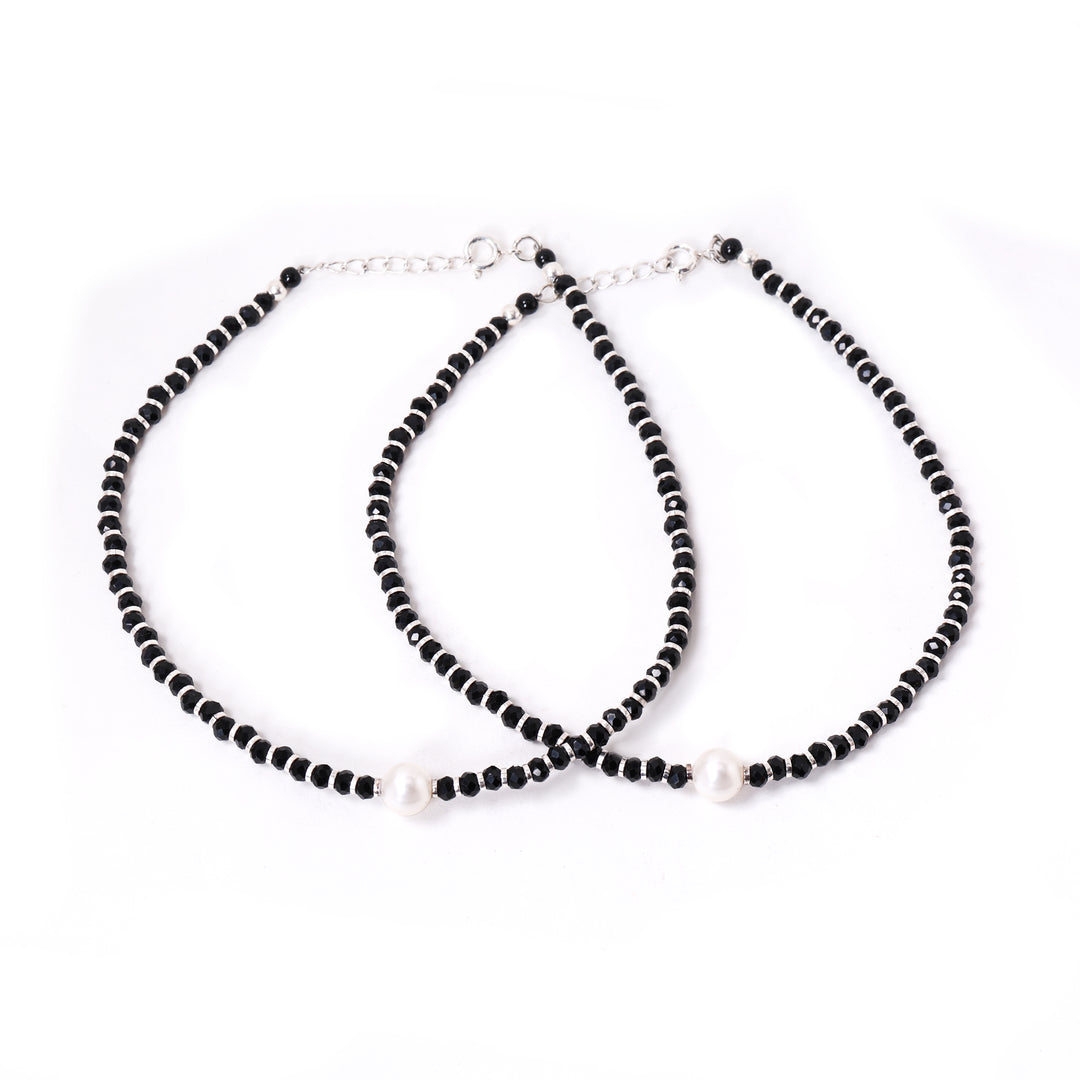 黑色串珠脚链，点缀珍珠 | 女士珠宝礼品