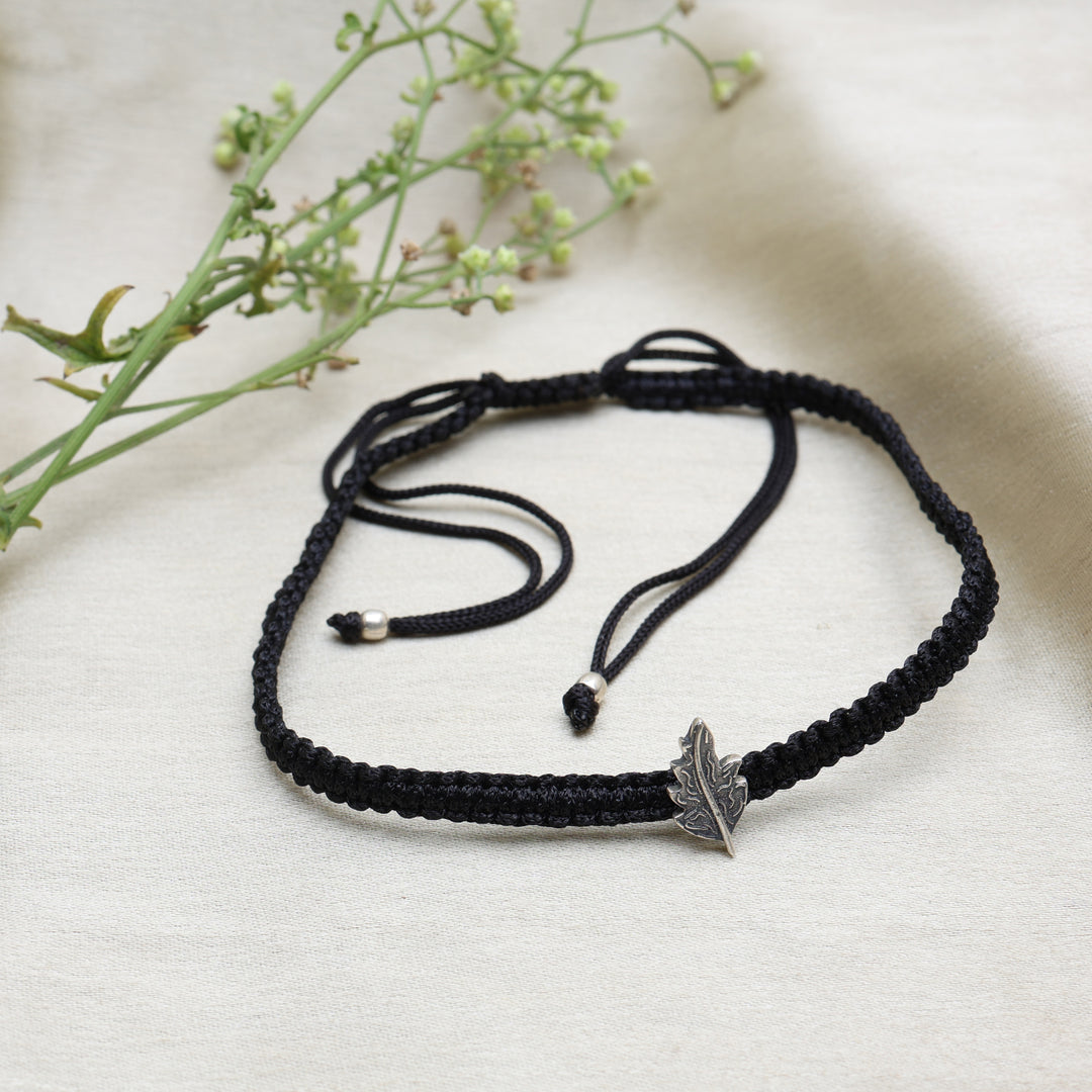 925 Sterling Silver Adjustable Leaf Bracelet with Black Cord
