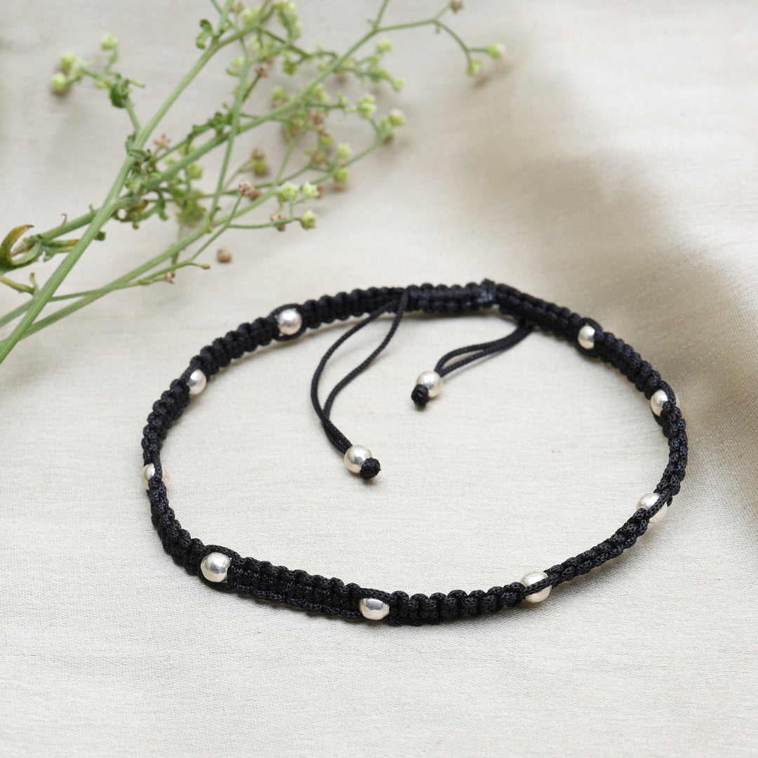 Black Macrame Bracelet with Silver Beads | Adjustable Closure