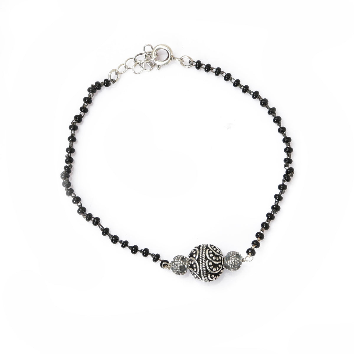 Pulsera de cuentas negras de plata para mujer | regalo para uso diario