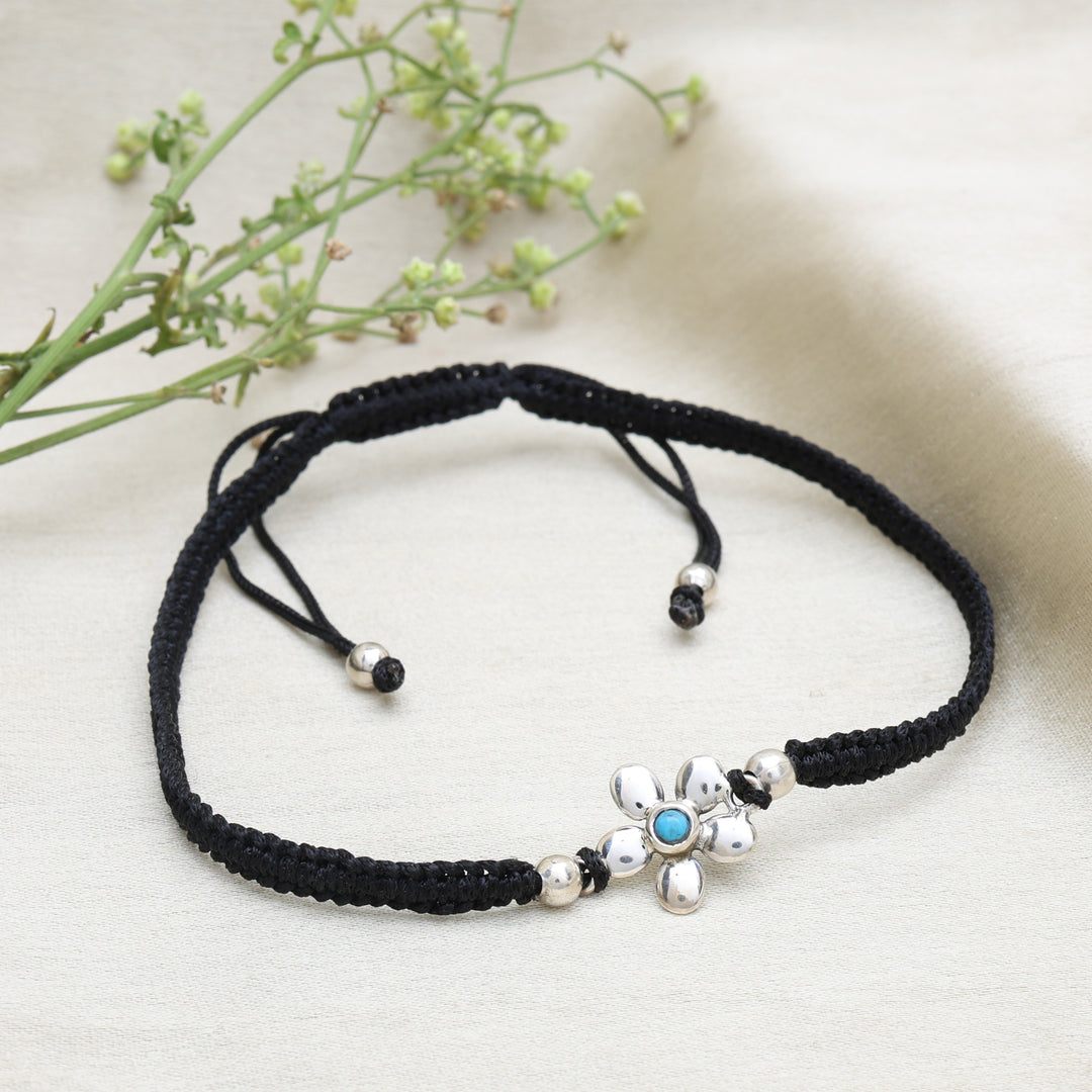 Black Cord Flower Bracelet with Turquoise Bead, Adjustable