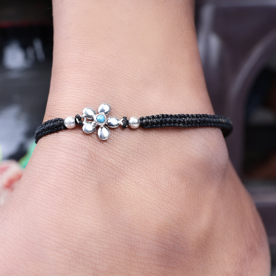 Black Cord Flower Bracelet with Turquoise Bead, Adjustable
