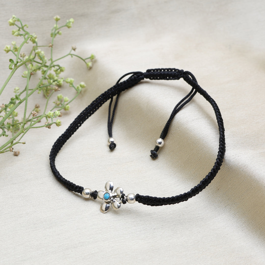 Black Cord Flower Bracelet with Turquoise Bead, Adjustable