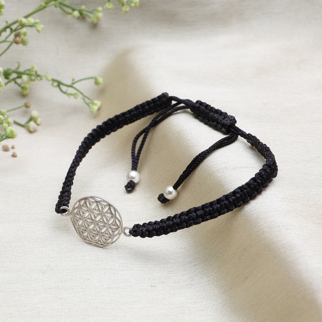 Adjustable Black Cord Bracelet with Sterling Silver Flower of Life Charm