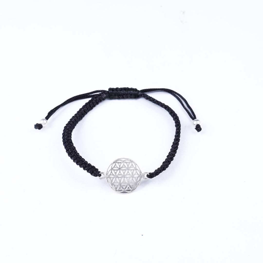 Adjustable Black Cord Bracelet with Sterling Silver Flower of Life Charm