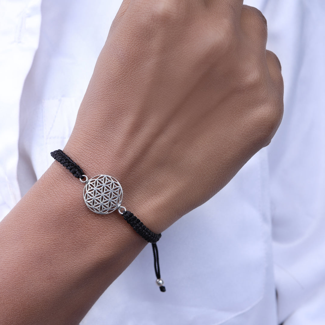 Adjustable Black Cord Bracelet with Sterling Silver Flower of Life Charm