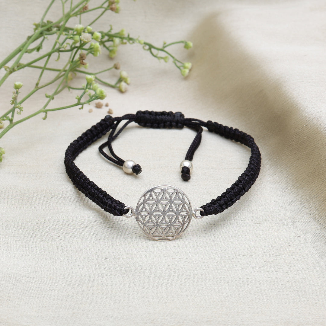 Adjustable Black Cord Bracelet with Sterling Silver Flower of Life Charm