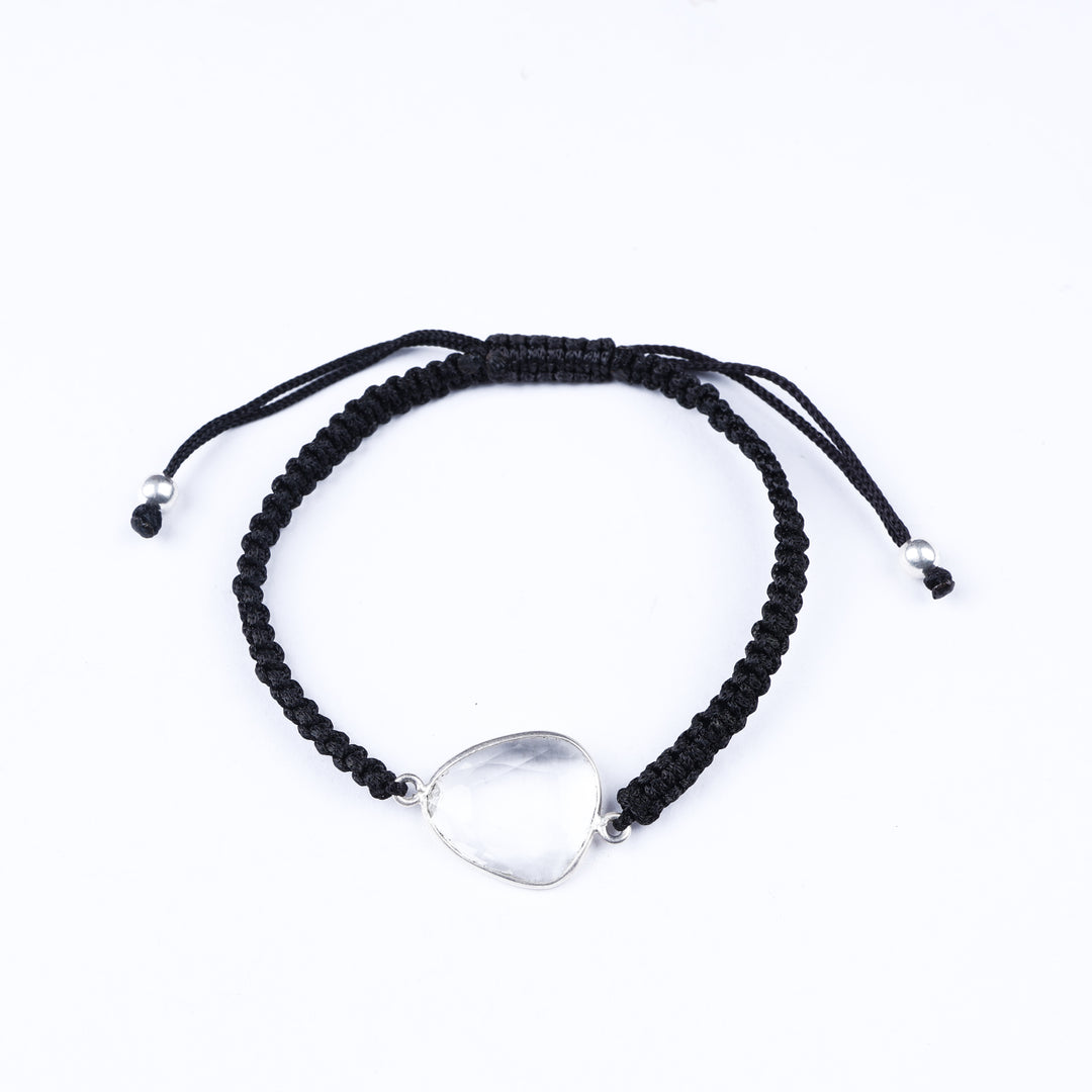 Adjustable Black Cord Bracelet with Clear Quartz Heart Stone