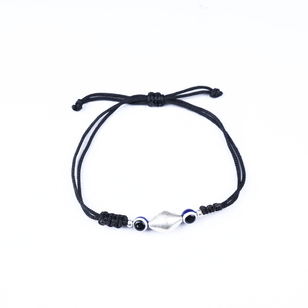 Black Cord Adjustable Bracelet with Silver Bead and Evil Eye Charms