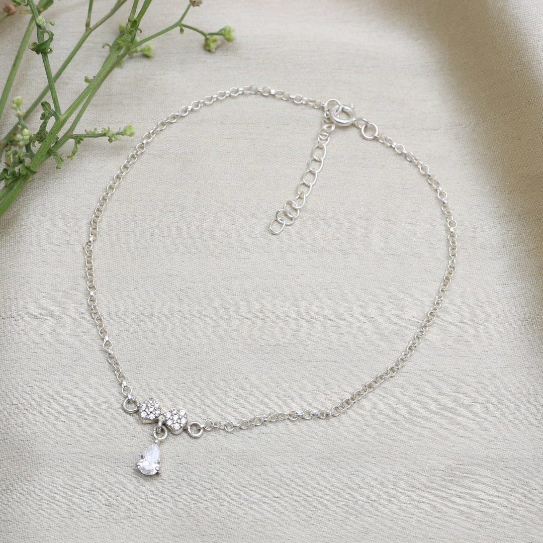 925 Sterling Silver Anklet with Cubic Zirconia Clover Charm