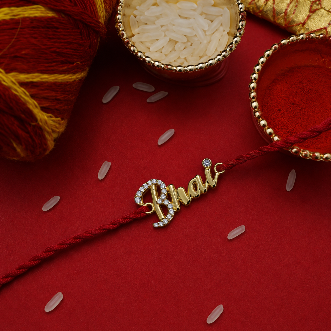 Bhai Design Written Rakhi in Gold-Plated 925 Sterling Silver with CZ
