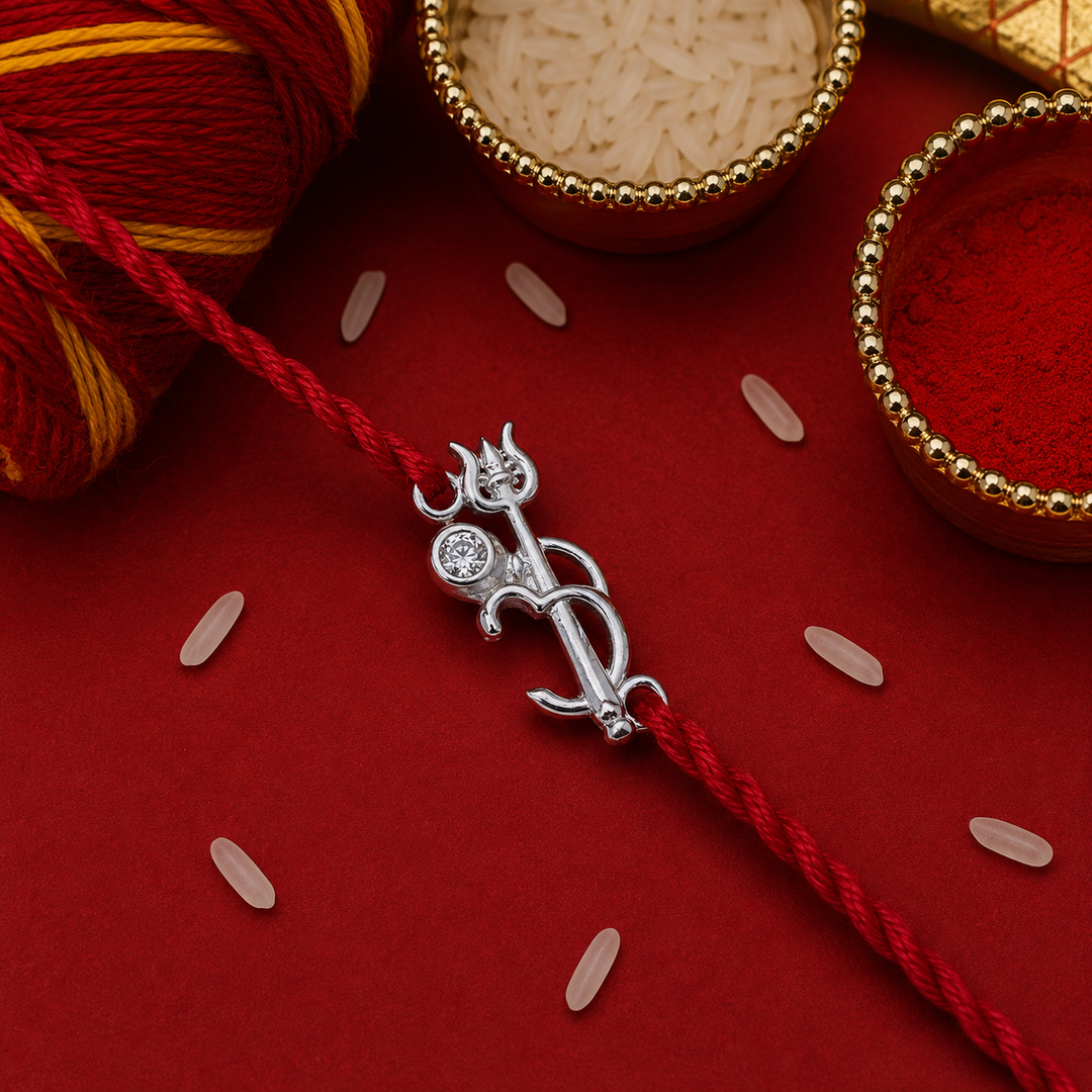 Shiva Trishul Damaru Rakhi in 925 Sterling Silver with CZ for Brother