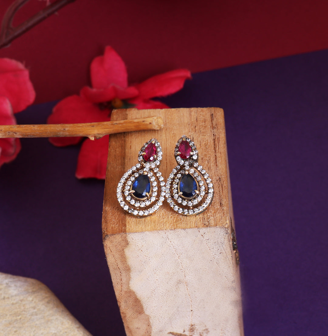 Gold Ruby & Sapphire Earrings | Teardrop Design | For Women