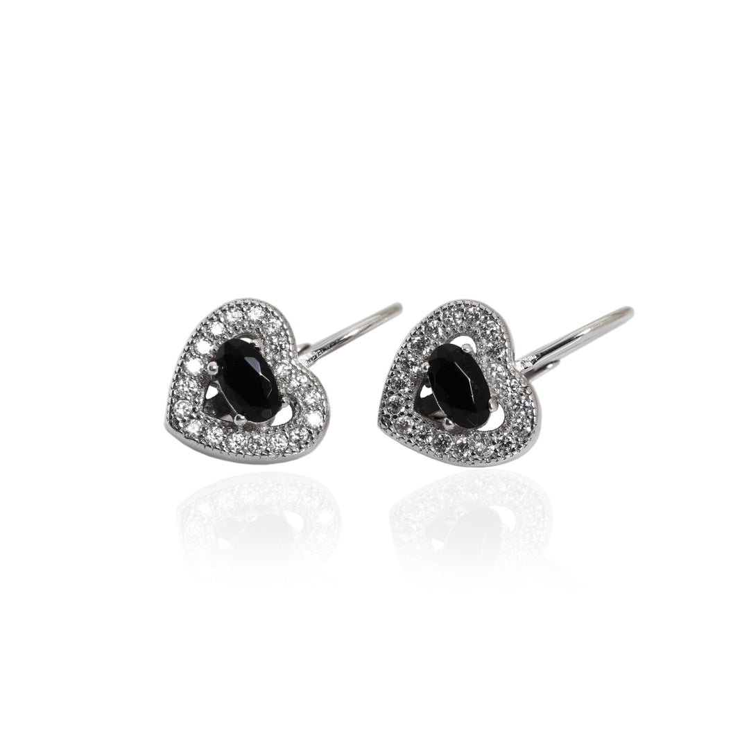 925 Silver Heart Stud Earrings with Black Gemstones | Women's Jewelry