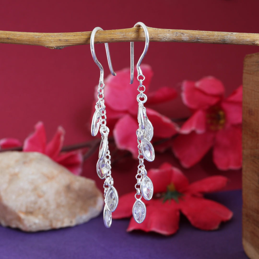 Silver Dangle Earrings with CZ Stones | Women's Elegant Jewelry