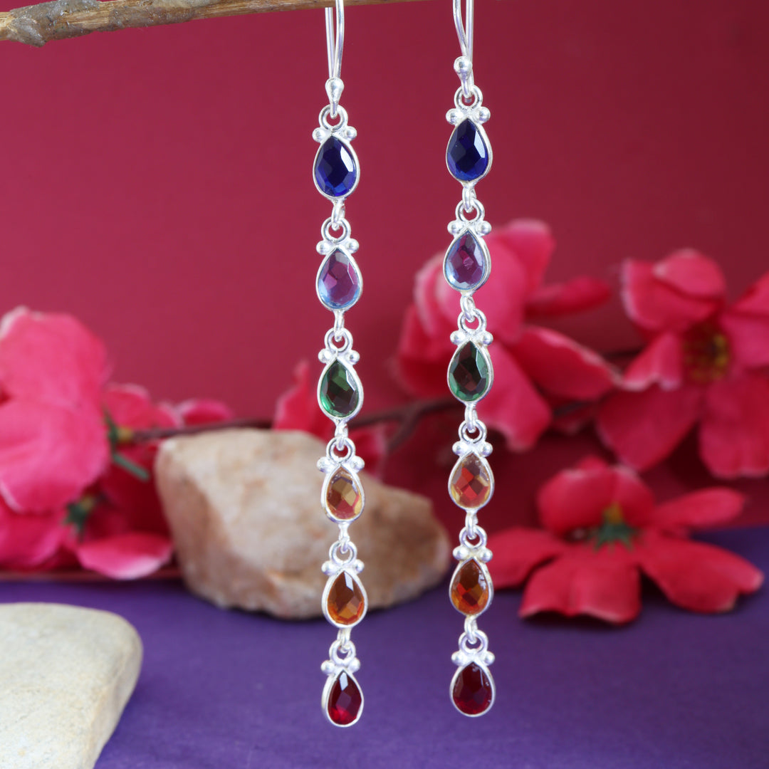 Rainbow Gemstone Drop Earrings | 925 Sterling Silver | For Women
