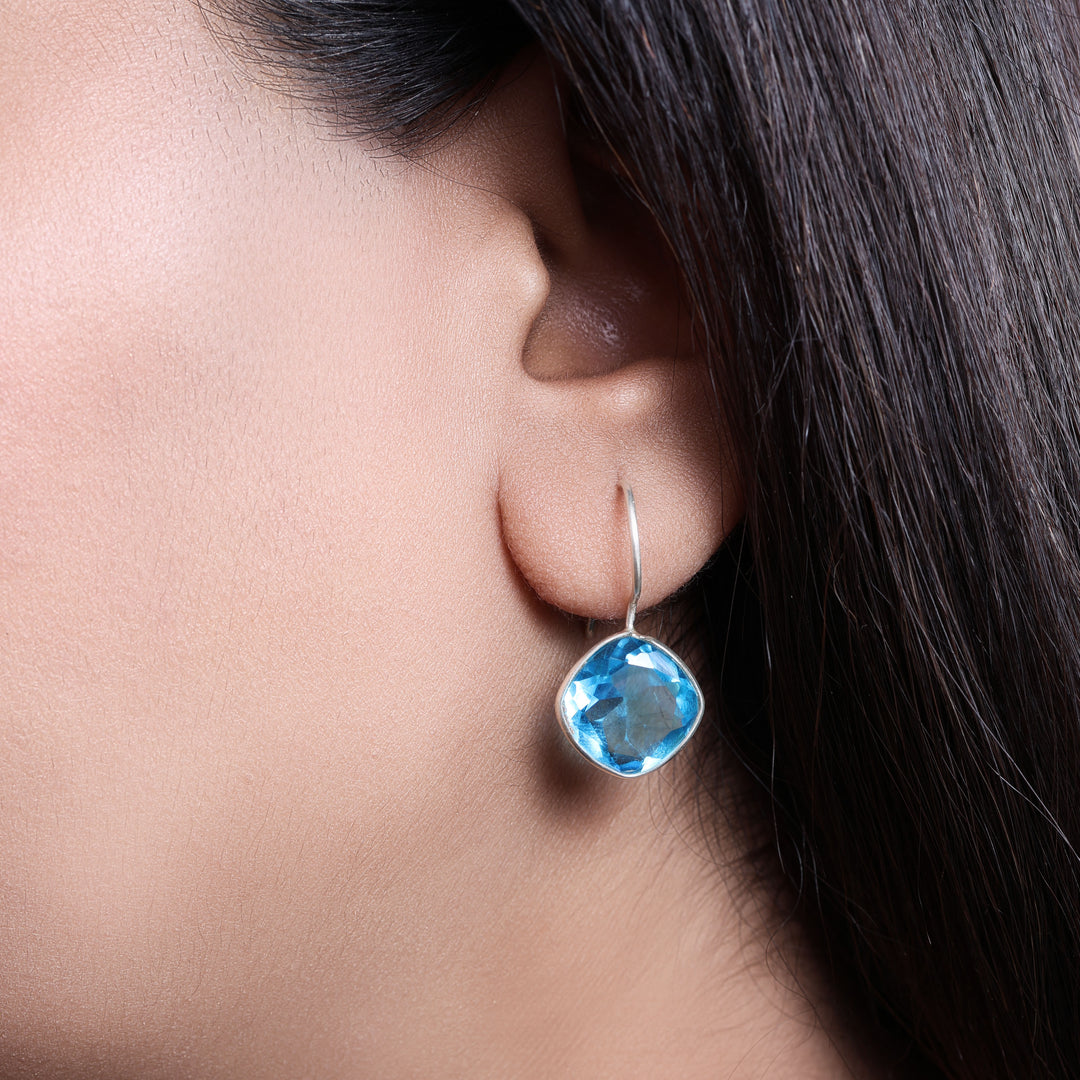Silver Blue Topaz Cushion Cut Drop Earrings for Women