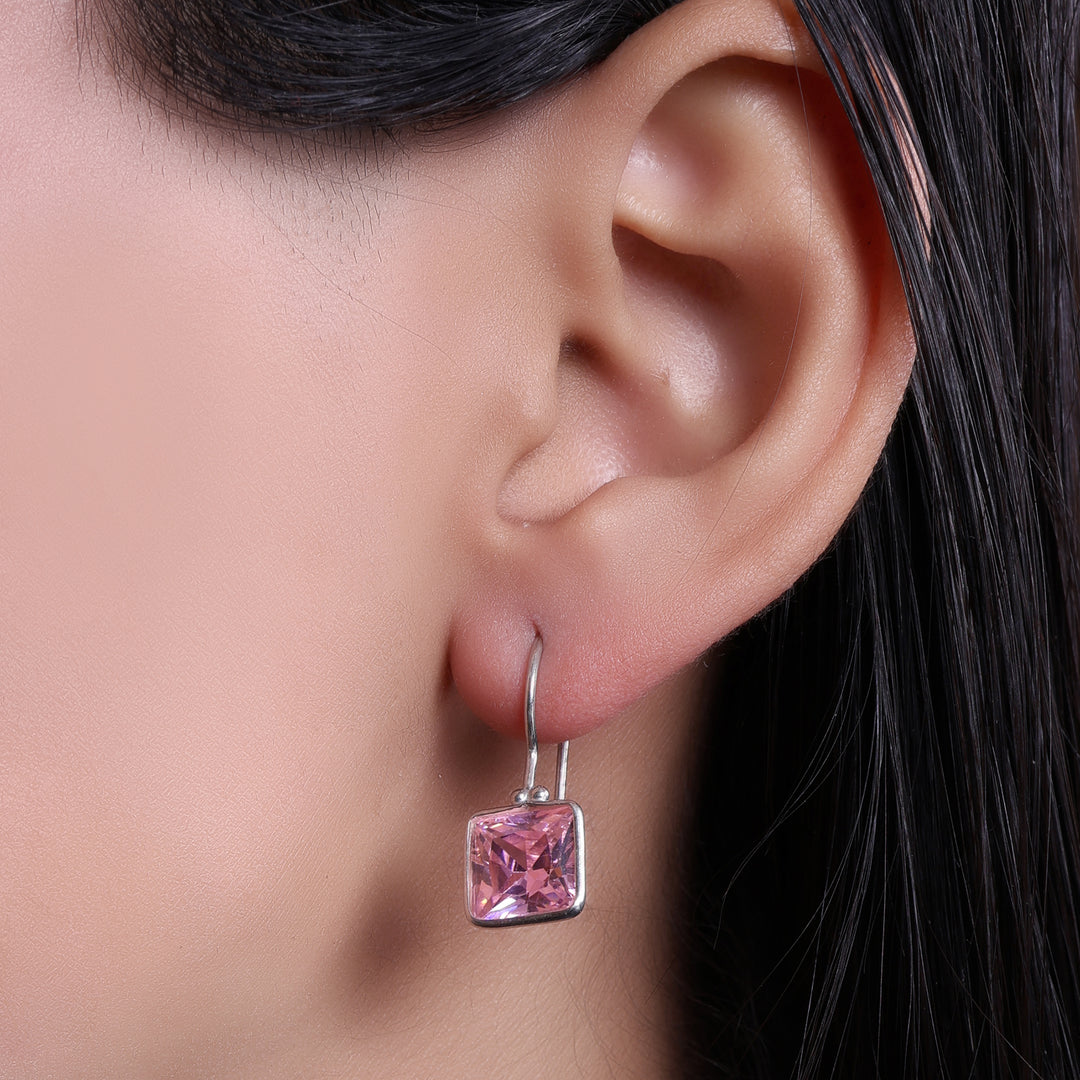 Silver Pink Gemstone Square Earrings for Women | Dangle Jewelry