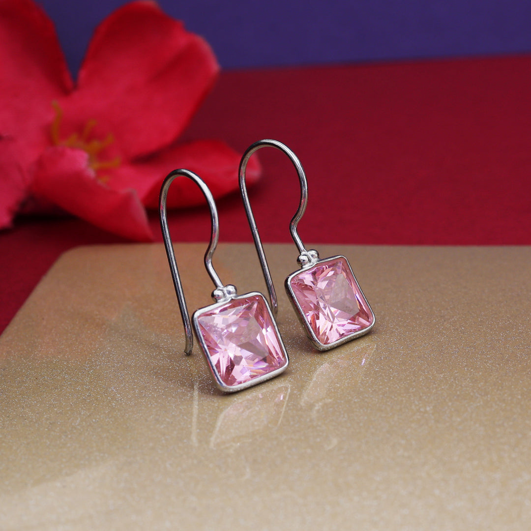 Silver Pink Gemstone Square Earrings for Women | Dangle Jewelry