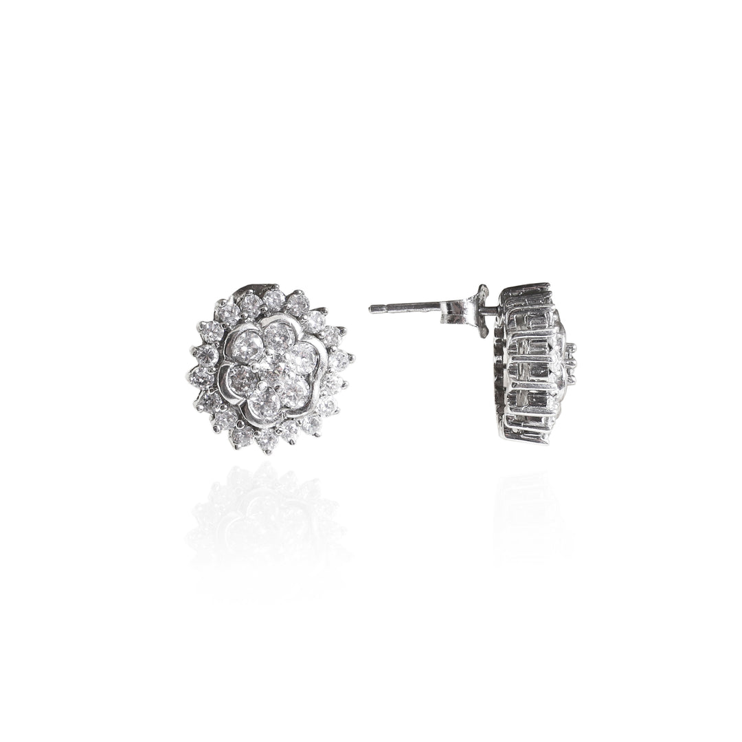 Silver Diamond Stud Earrings | Floral Design for Women
