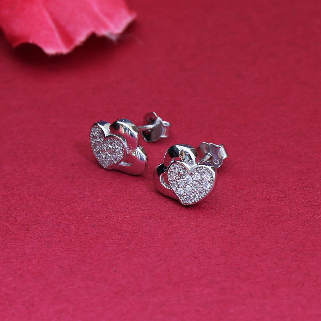 925 Silver Heart Stud Earrings | Diamond CZ for Women