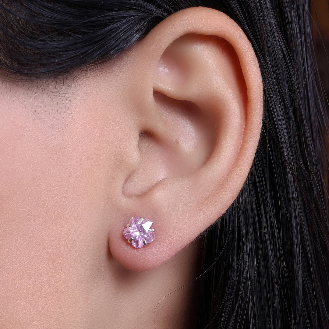 Silver Pink Sapphire Stud Earrings | Flower Design | For Women