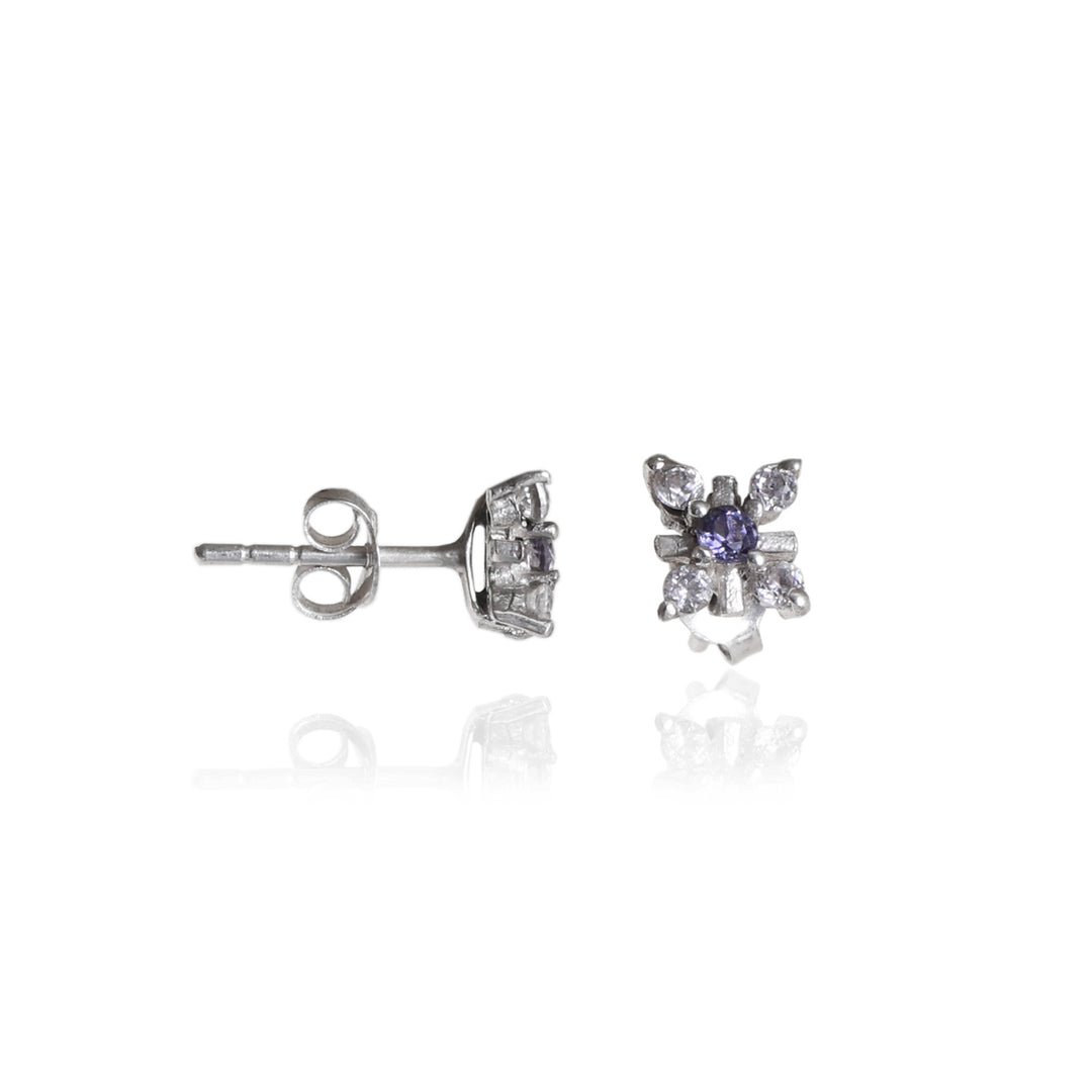 925 Silver Flower Stud Earrings with Purple Gemstone | Gift