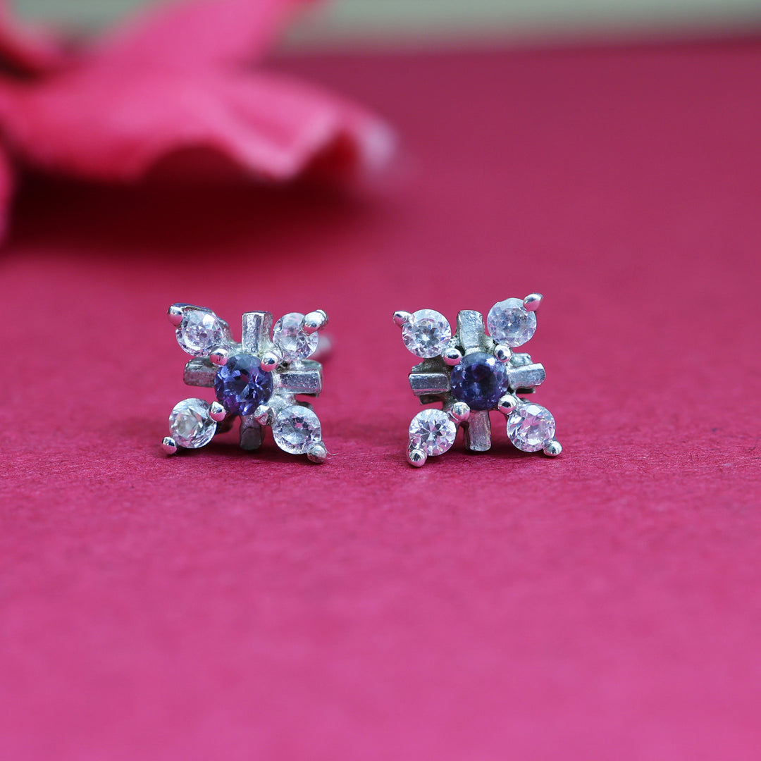 925 Silver Flower Stud Earrings with Purple Gemstone | Gift