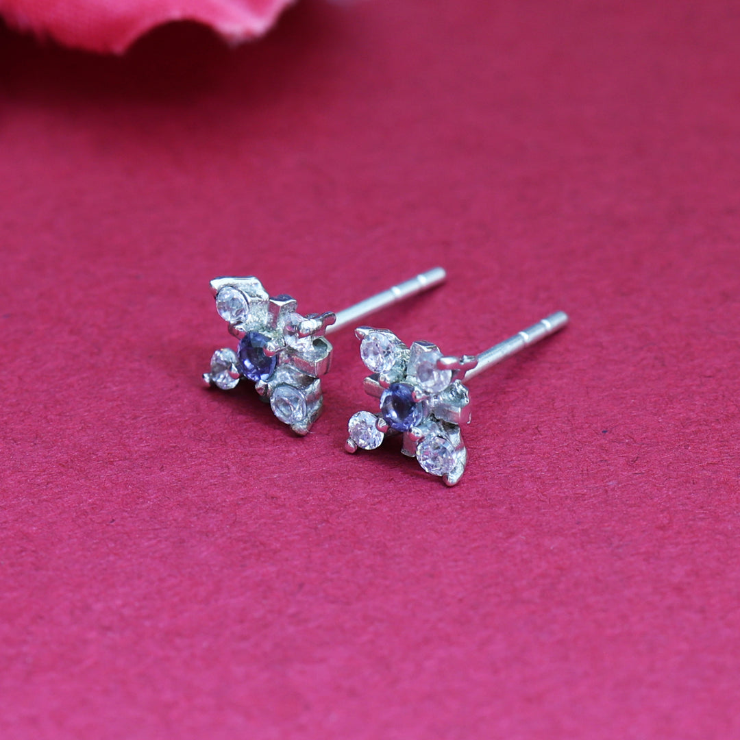 925 Silver Flower Stud Earrings with Purple Gemstone | Gift