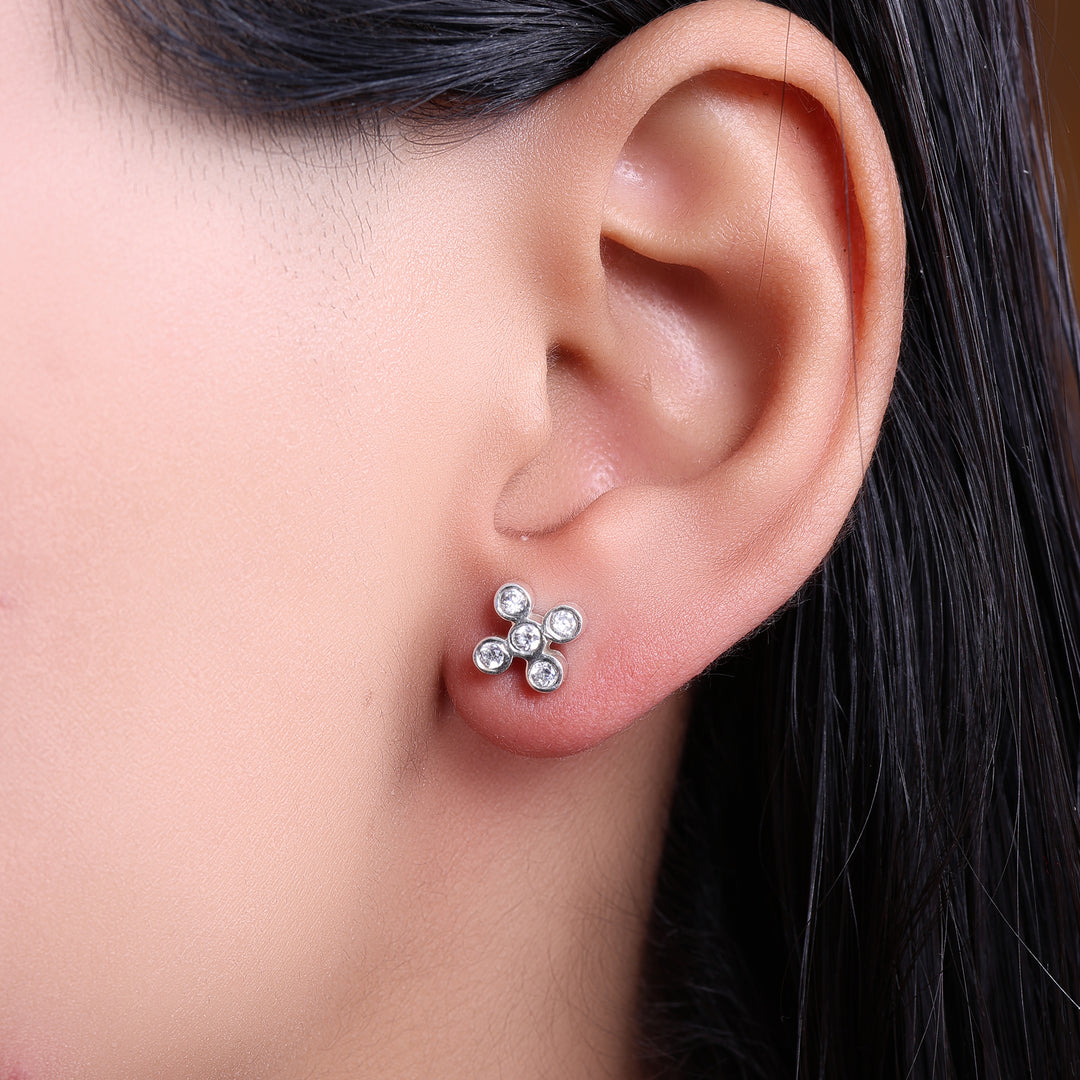 Silver Cubic Zirconia Stud Earrings | Flower Design | For Women