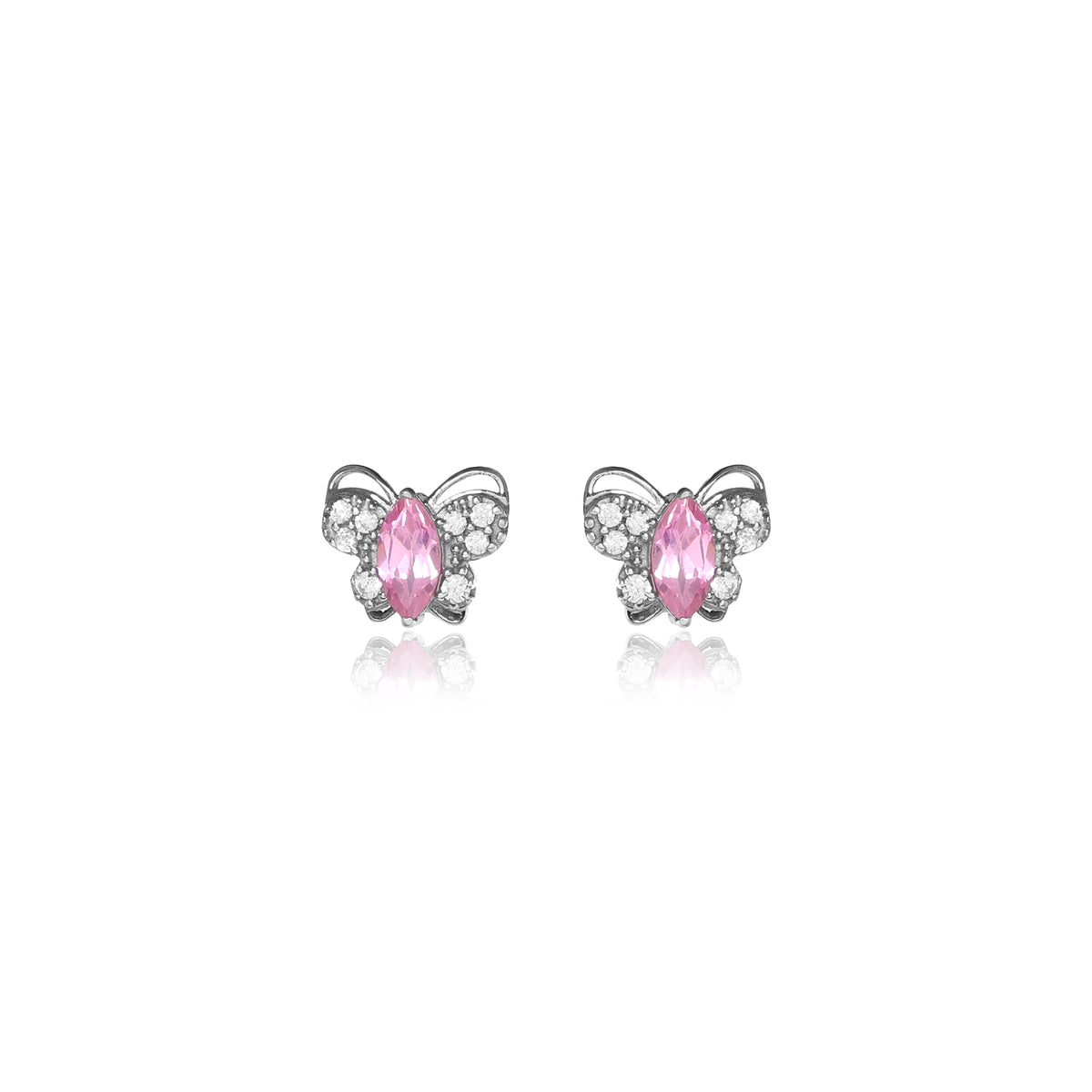 Silver butterfly stud earrings with pink gemstones | gift for her
