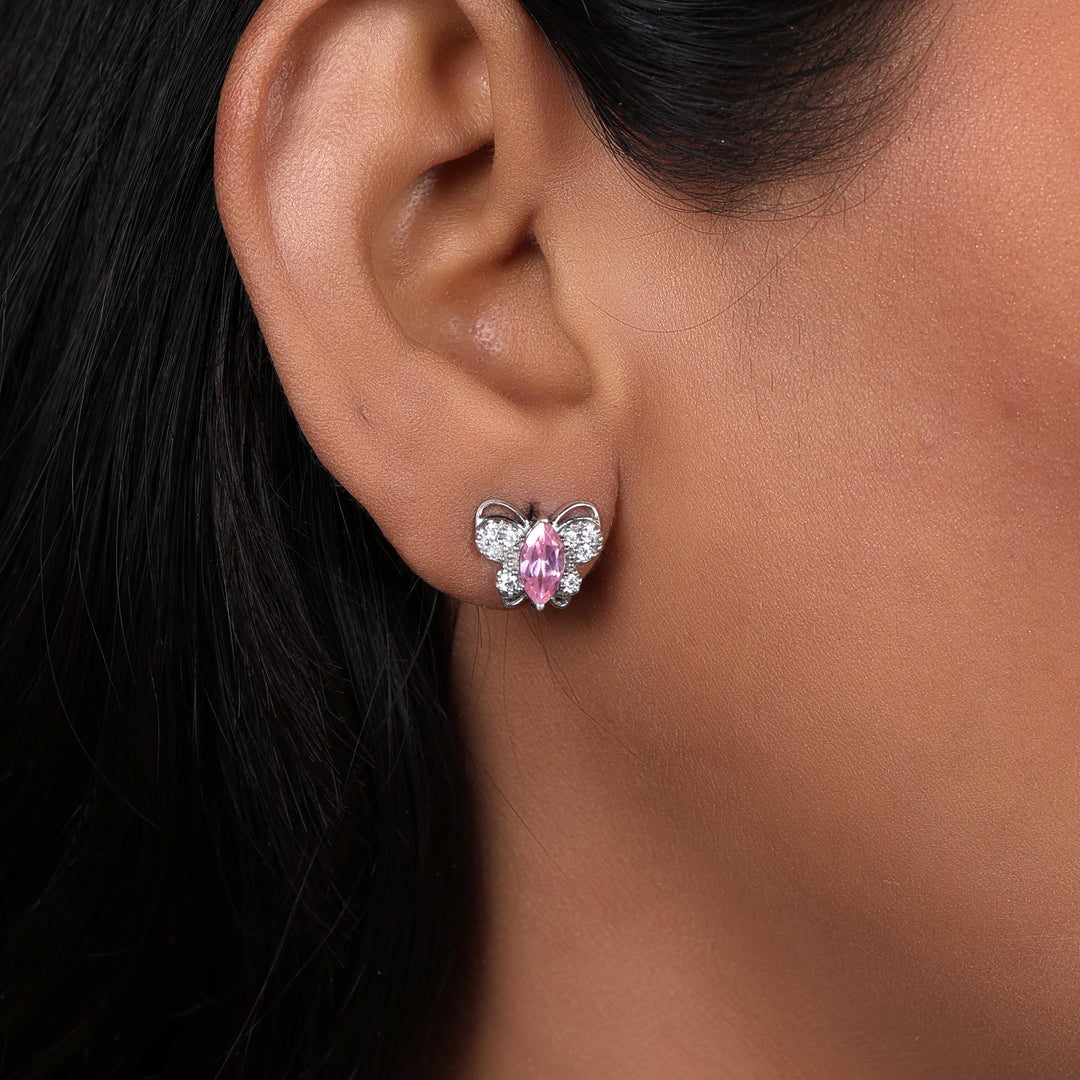 Silver Butterfly Stud Earrings with Pink Gemstones | Gift for Her