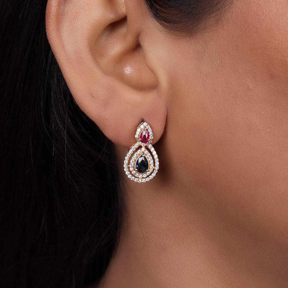 Gold plating teardrop earrings with ruby and sapphire | women's jewelry