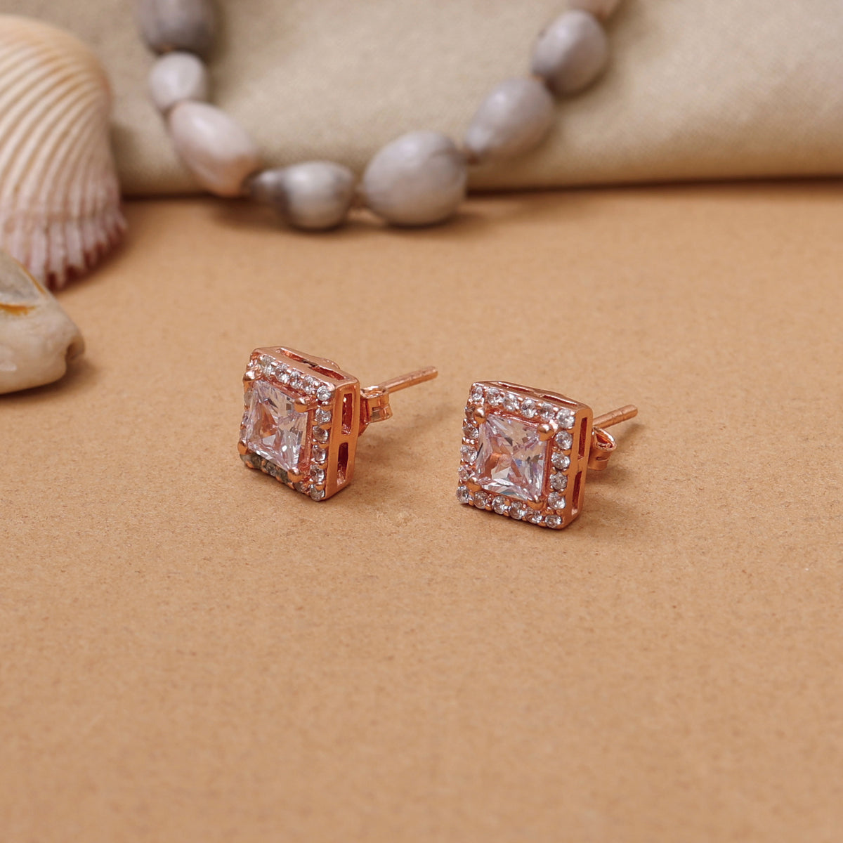 Rose gold plating square stud earrings with cubic zirconia | women's jewelry