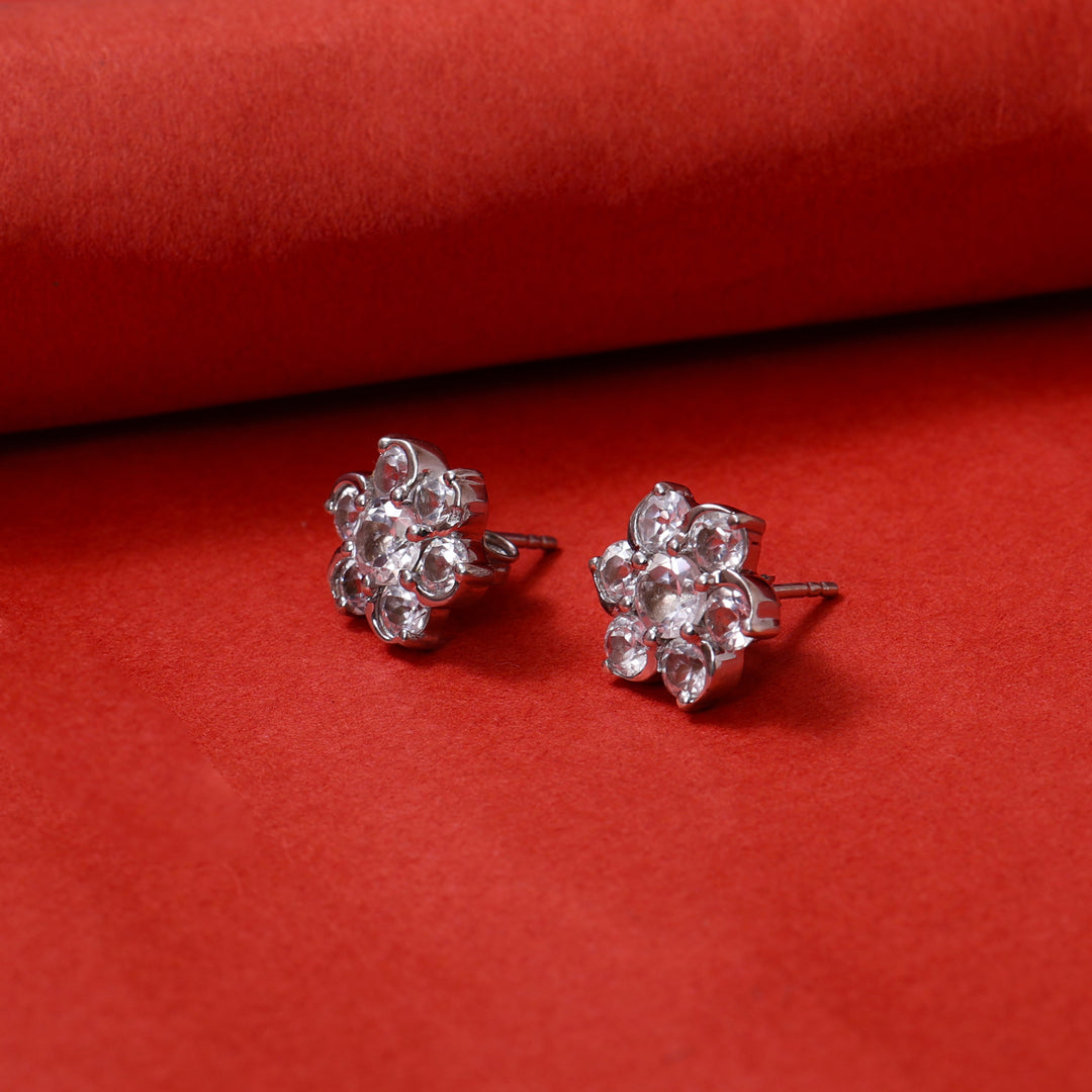 Silver Flower Stud Earrings | Cubic Zirconia | Daily Wear