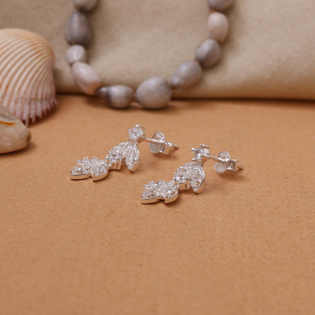 925 Silver Leaf Dangle Earrings with Cubic Zirconia | For Women