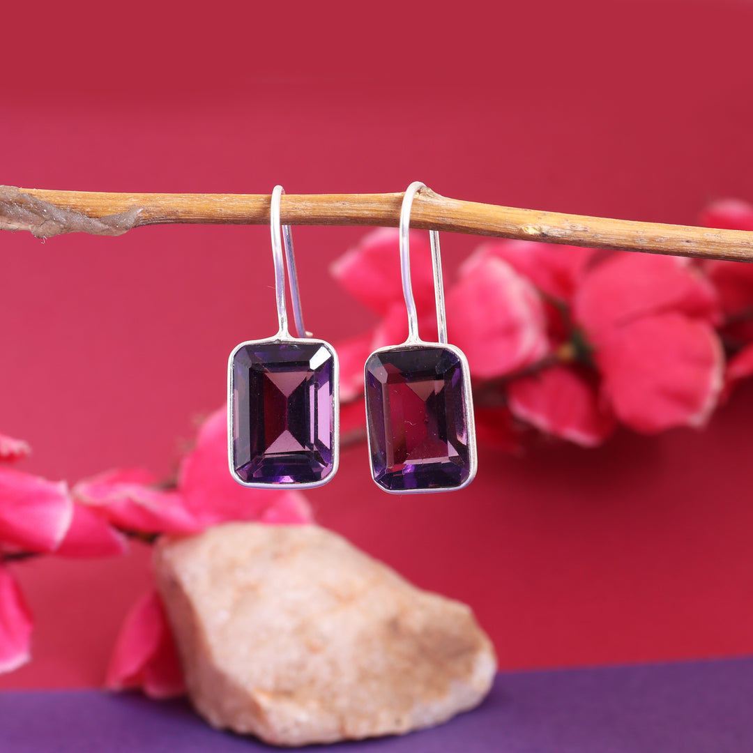 Silver Amethyst Drop Earrings for Women | Purple Gemstone Jewelry
