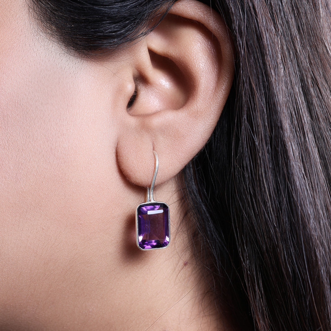Silver Amethyst Drop Earrings for Women | Purple Gemstone Jewelry