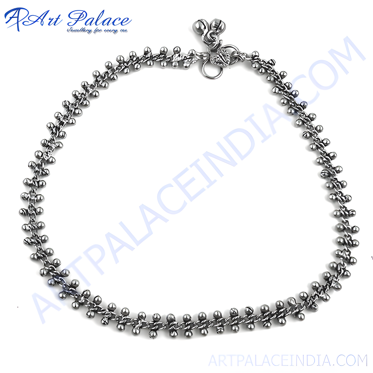 Oxidized silver chain anklet with beaded accents and bell charms, perfect for a bohemian look