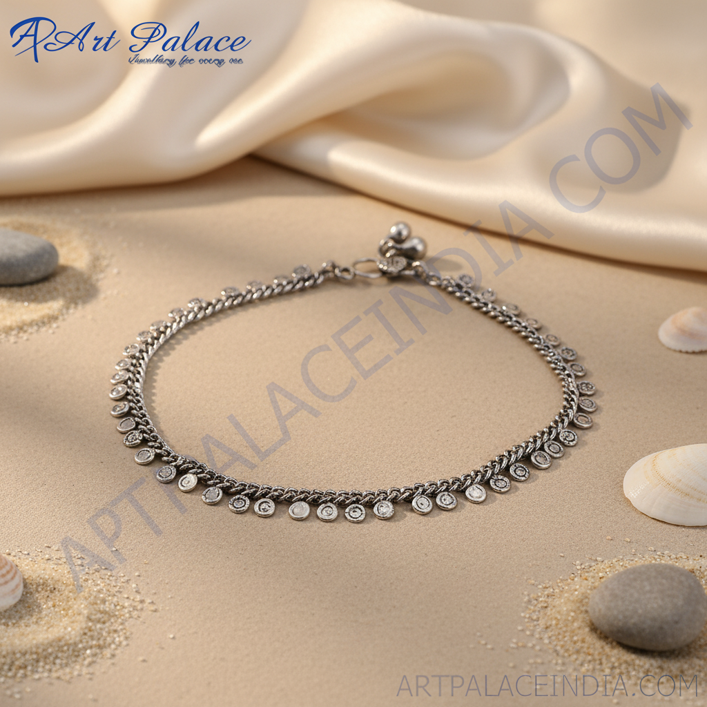 Silver chain anklet with round dangle charms, elegant women's jewelry.