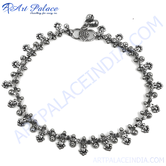Oxidized silver anklet with intricate detailing, perfect for women's daily wear or special occasions.